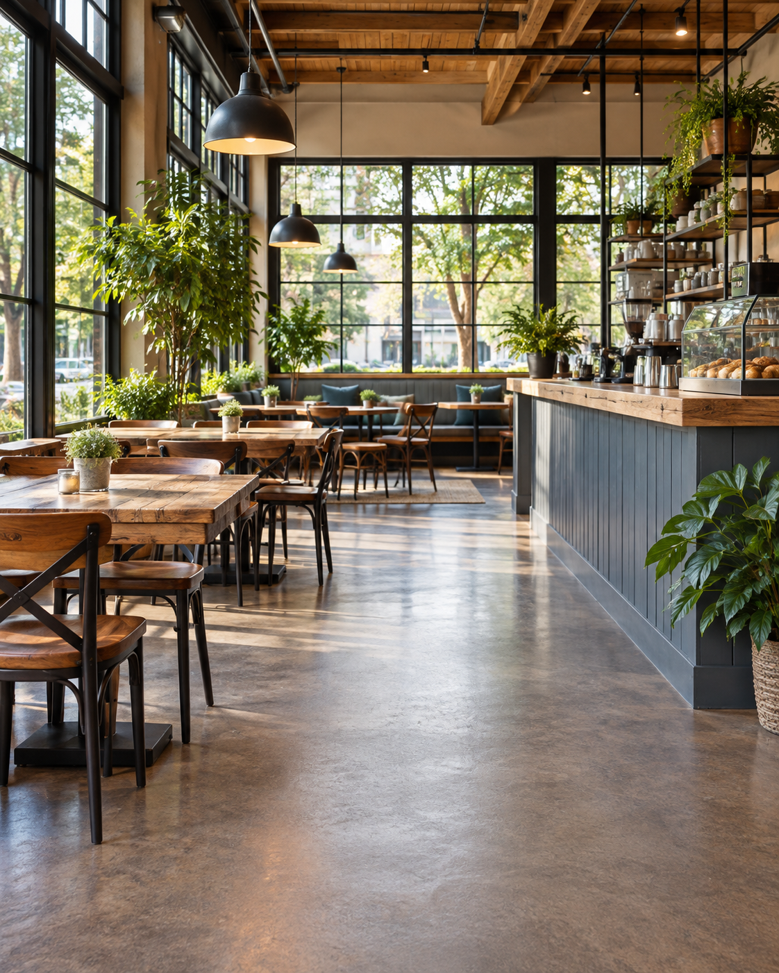 Inviting café interior with wood tables and a service counter