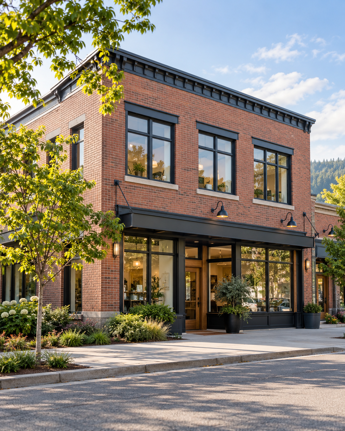 Two-story brick commercial building with storefront windows
