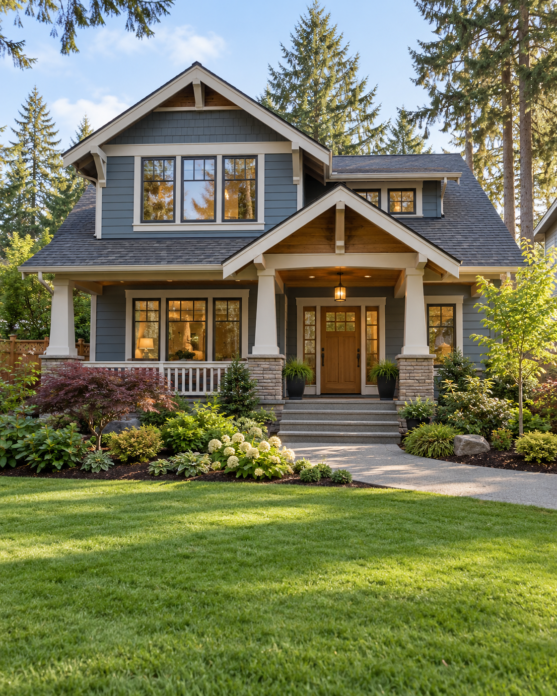 Craftsman-style home with a covered porch and landscaped front yard